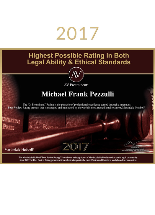 Award honoring Michael Pezzulli for AV Preeminent Rating for Legal Ability and Ethical Standards