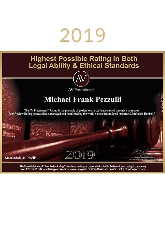 Award honoring Michael Pezzulli for AV Preeminent Rating for Legal Ability and Ethical Standards